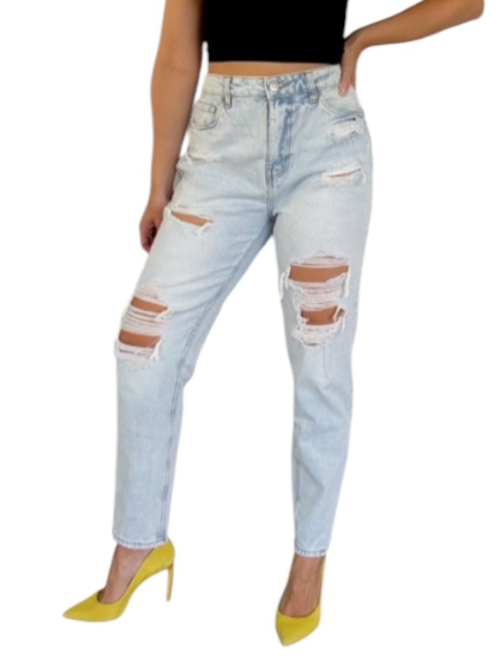 Refuge Denim Mom high rise light wash distressed straight leg jeans size 5